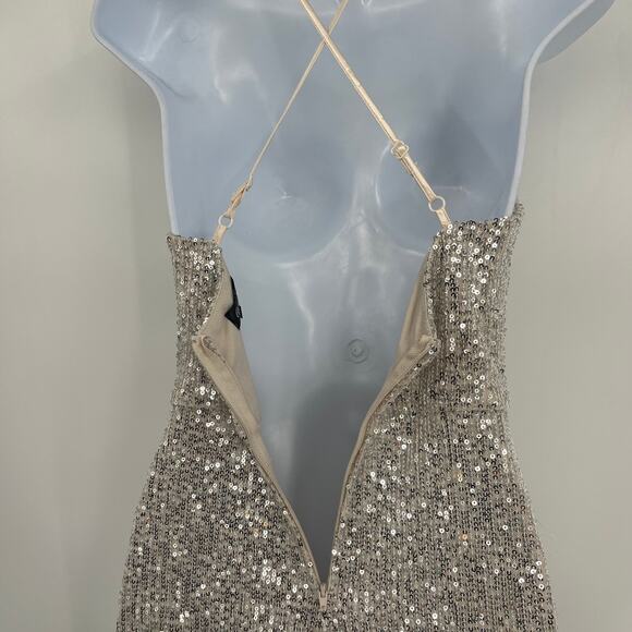 Crystal Doll Bodycon Sequin Dress Sz 0 Silver Holiday New Years Slit Y2K Club - Picture 7 of 12